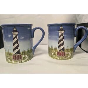 Vintage Hand Painted Distinctively Lefton Pair Of Coffee Mugs 2000 Lighthouse